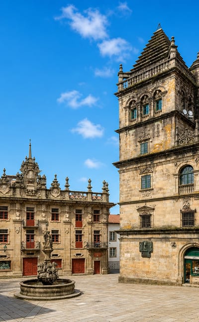 The granite Baroque buildings and fountain of a historic plaza in the old town of Santiago de Compostela, Galicia.