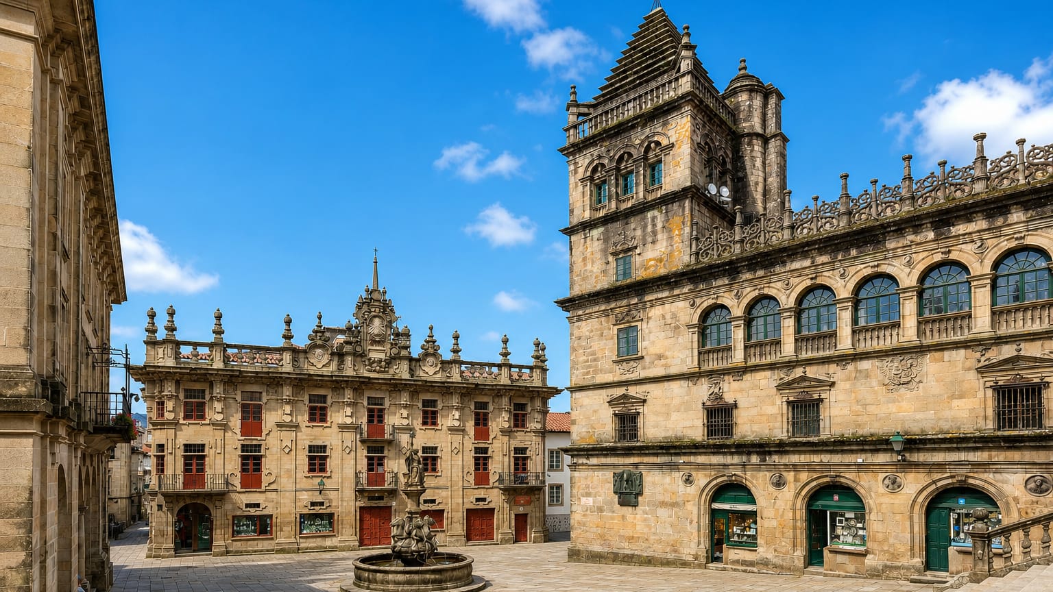 The granite Baroque buildings and fountain of a historic plaza in the old town of Santiago de Compostela, Galicia.