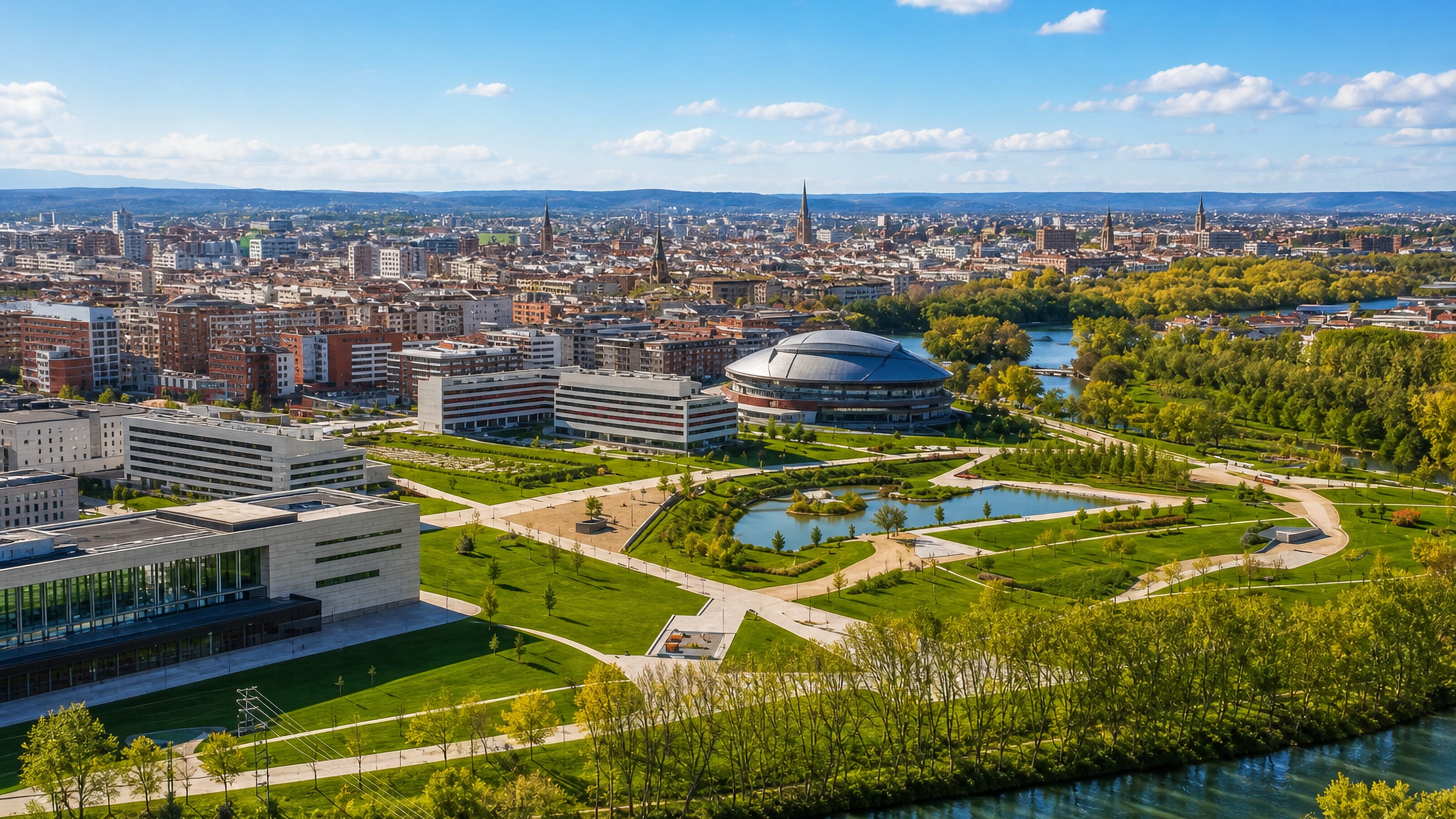 Aerial view over Logroño, La Rioja, with the Ebro river, riverside parkland and church spires on the skyline.