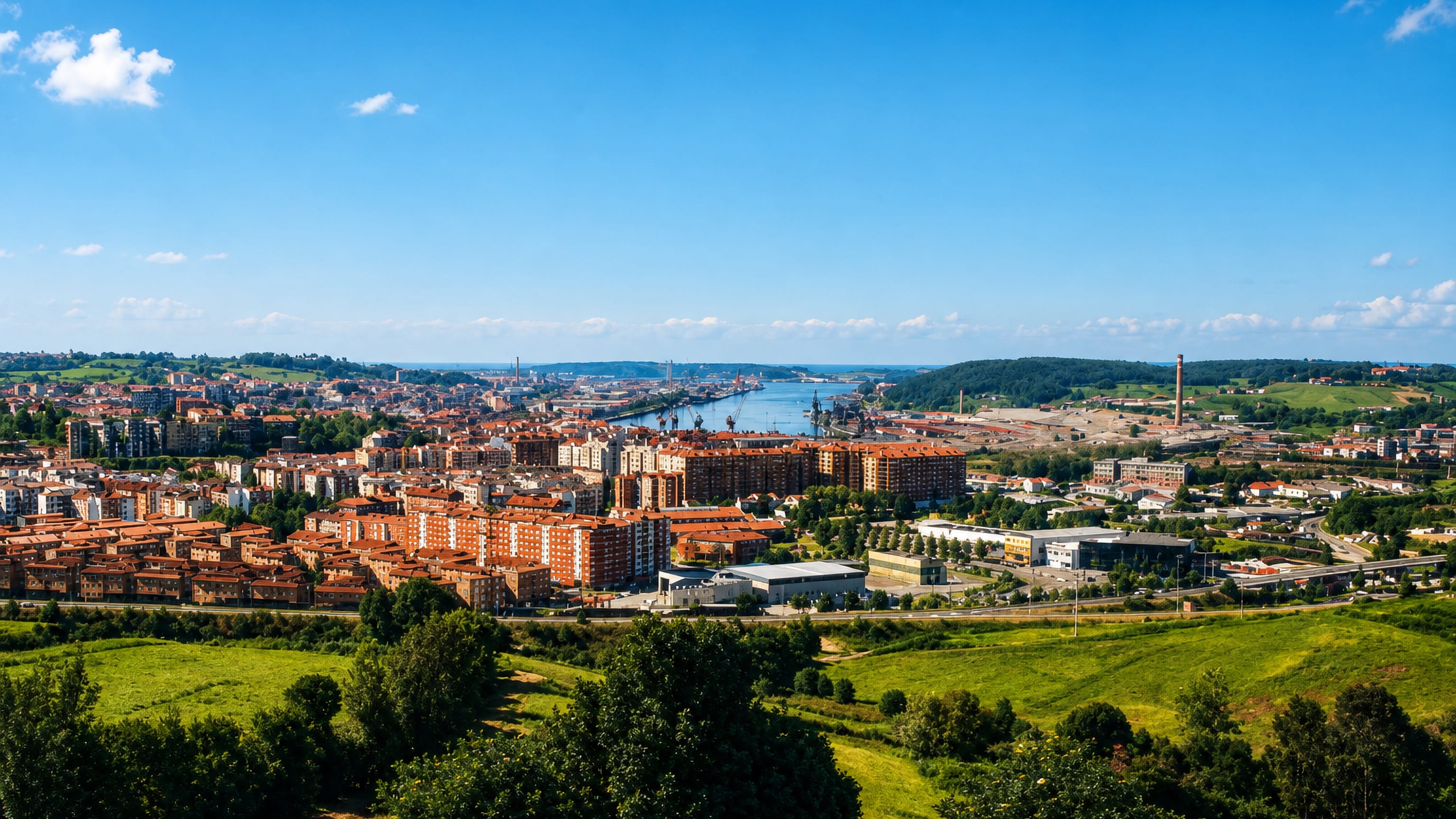 Avilés spread along its estuary in Asturias, with red-tiled apartment blocks, port cranes and green hills beyond.