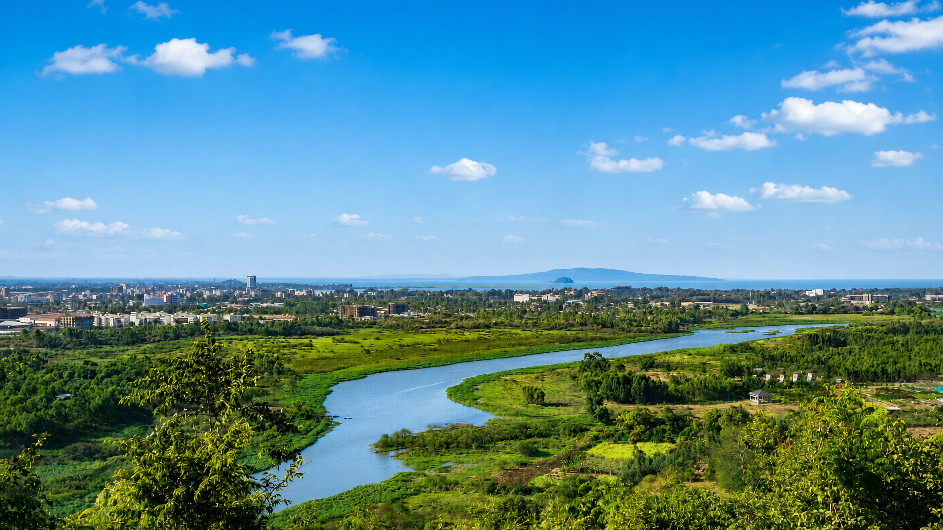Bahir Dar, Ethiopia, on the shore of Lake Tana where the Blue Nile flows out through green wetlands.