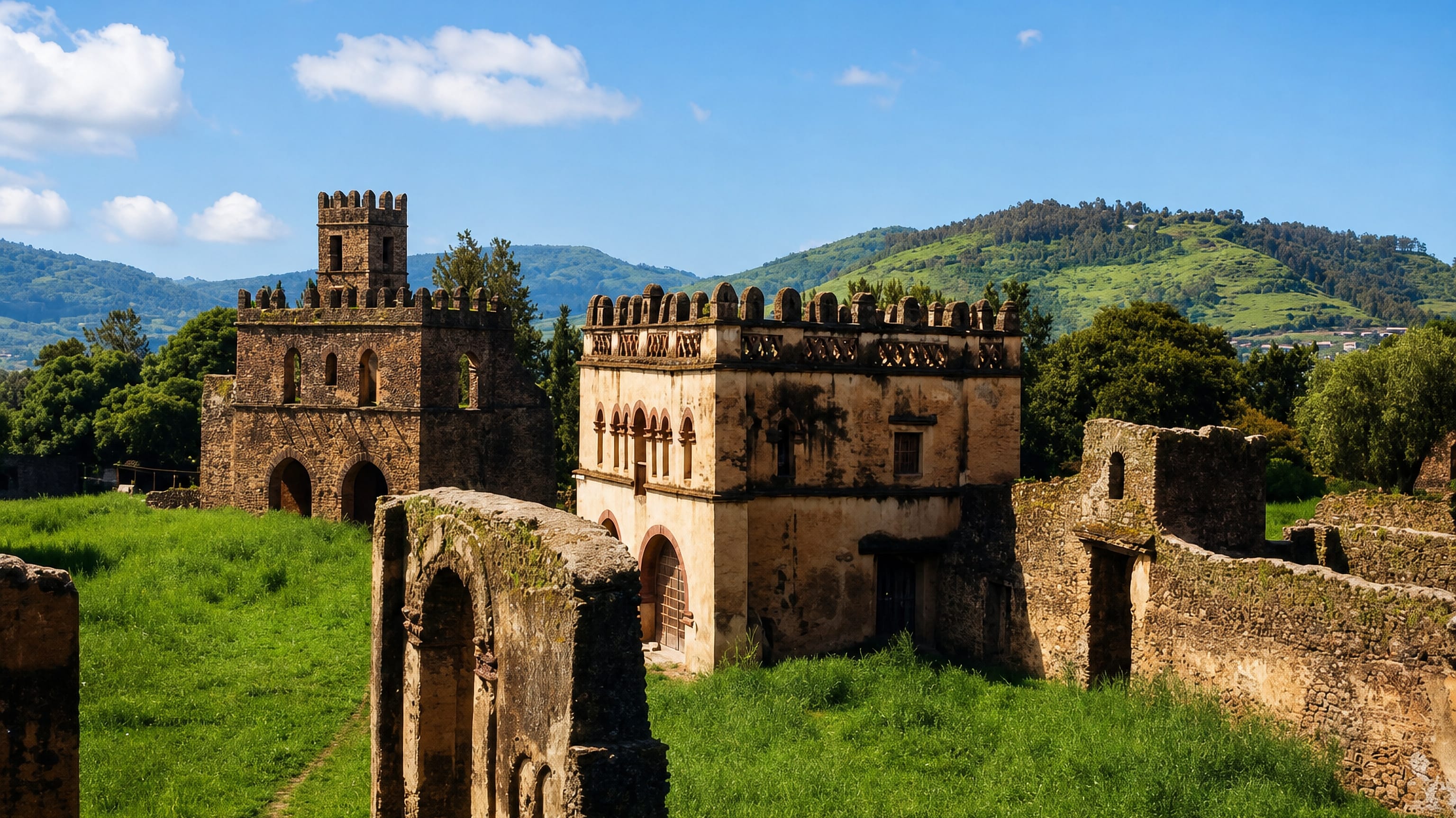 Stone castles and walls of the Fasil Ghebbi royal enclosure in Gonder, Ethiopia, with green hills behind.