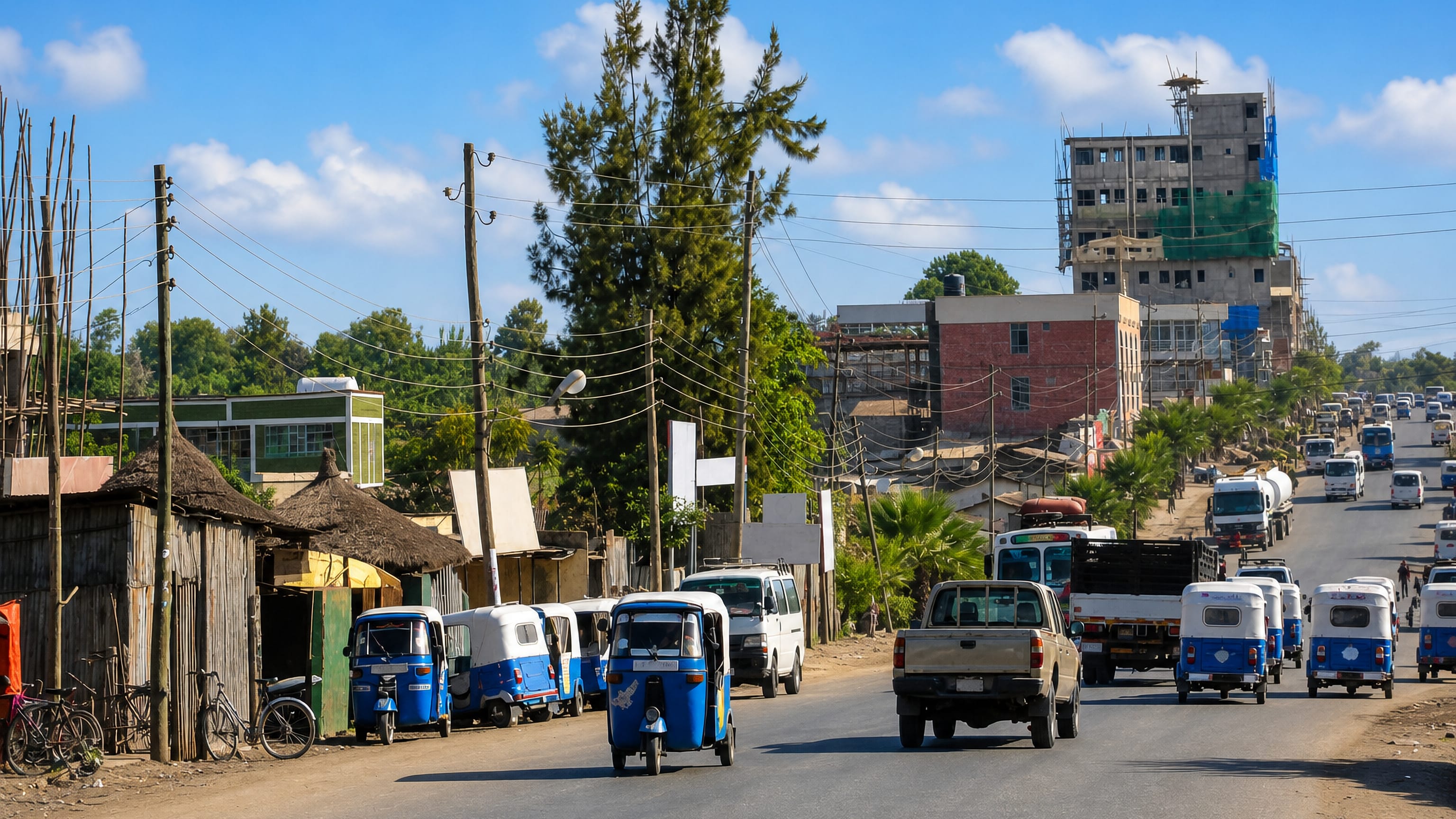 Blue-and-white bajaj taxis and trucks on the main highway through Shashamane, Ethiopia, past shops and construction.
