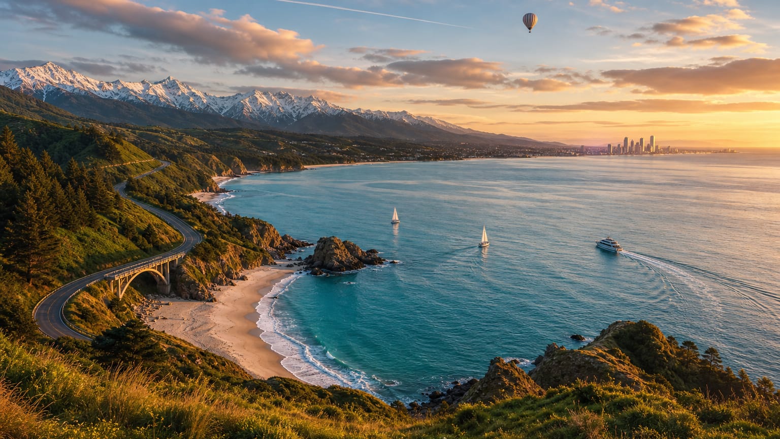 Golden-hour coastline linking a cove with boats, a winding road, a bridge, snowy peaks and distant towers under a balloon-dotted sky.
