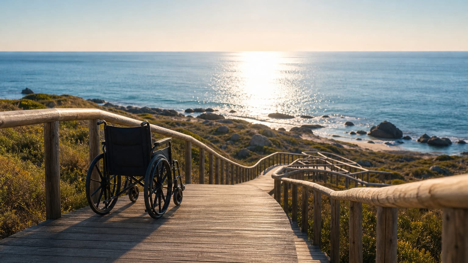 An empty wheelchair at the top of a wide step-free timber ramp that zig-zags over dunes toward the sea.