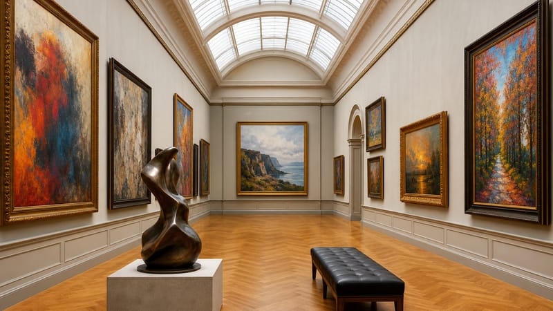 A grand skylit museum gallery hung with large abstract and landscape paintings, an abstract bronze sculpture and an empty bench.
