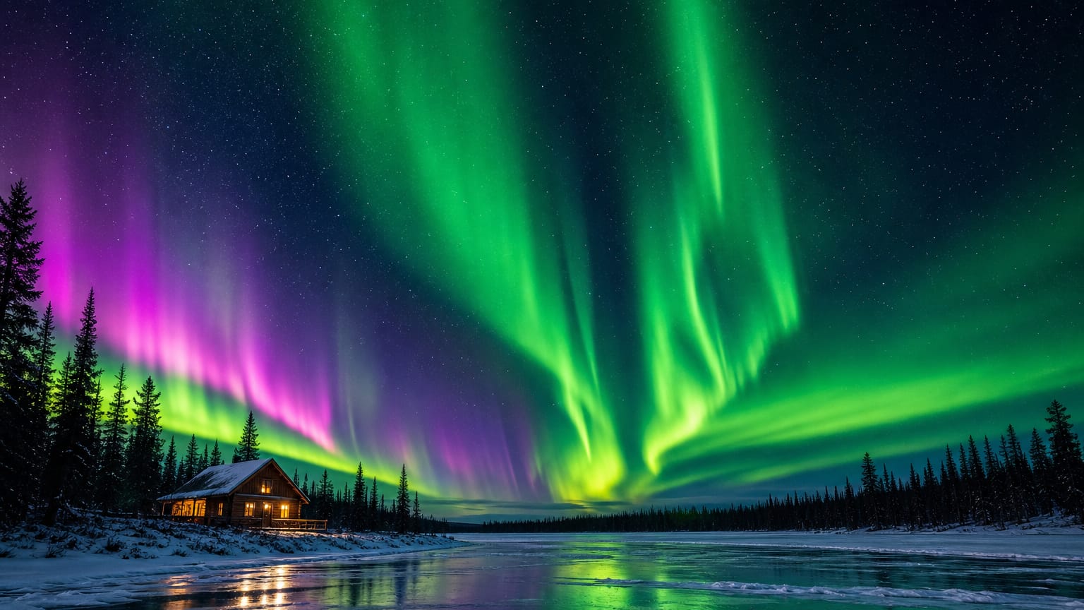 Vivid green and violet northern lights filling the sky above a small glowing cabin on a frozen lake at night.