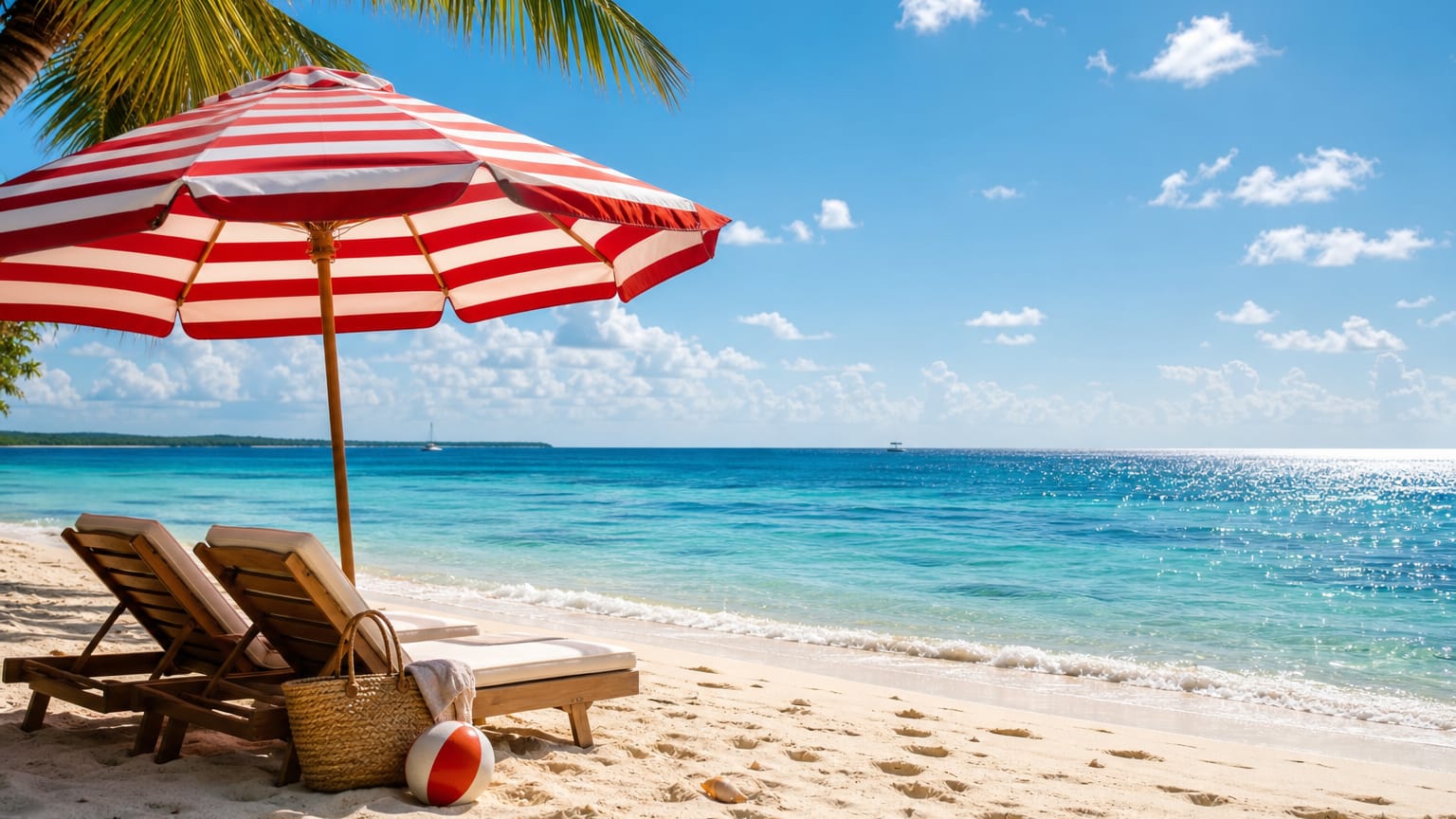 Tropical sandy beach with turquoise shallows, a striped umbrella, two loungers and a palm frond overhead.