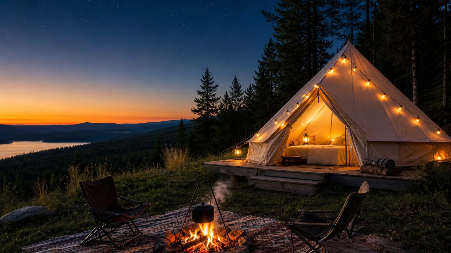 Glowing canvas bell tent on a wooden deck at a pine-forest campsite at dusk, with string lights, camp chairs and a campfire.
