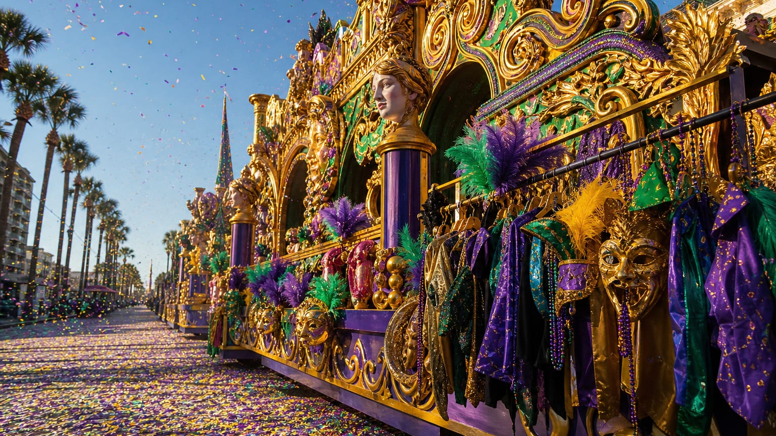 A papier-mache parade float in purple, green and gold with hanging feathers, beads and masks amid falling confetti.