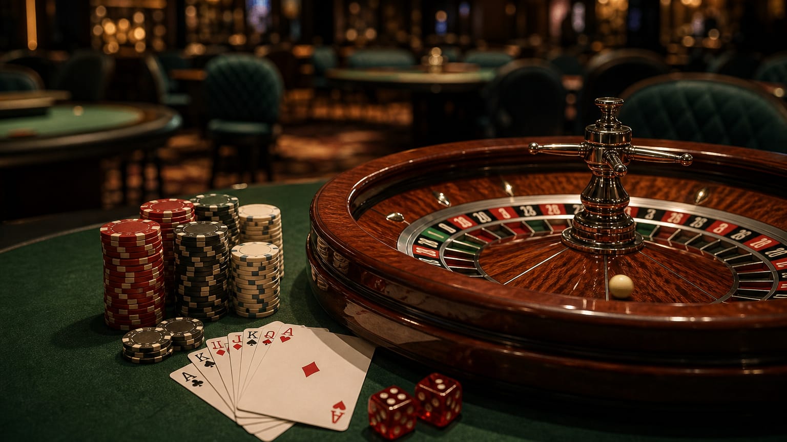Roulette wheel mid-spin beside stacked casino chips, fanned cards, and dice on green felt under warm light.