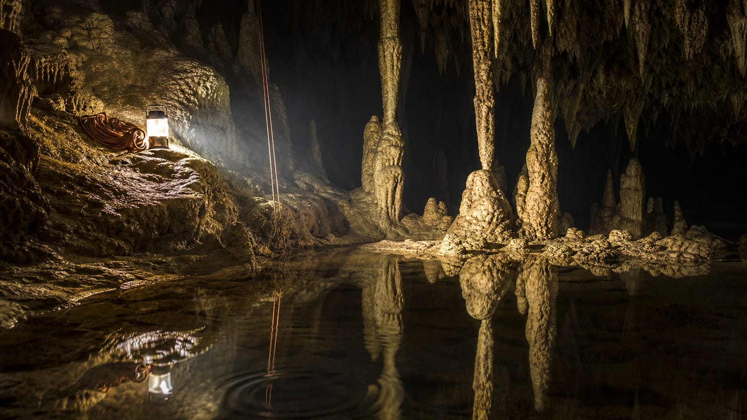 Caving lantern and coiled rope on a ledge in a vast limestone cavern of stalactites, stalagmites and a still pool.