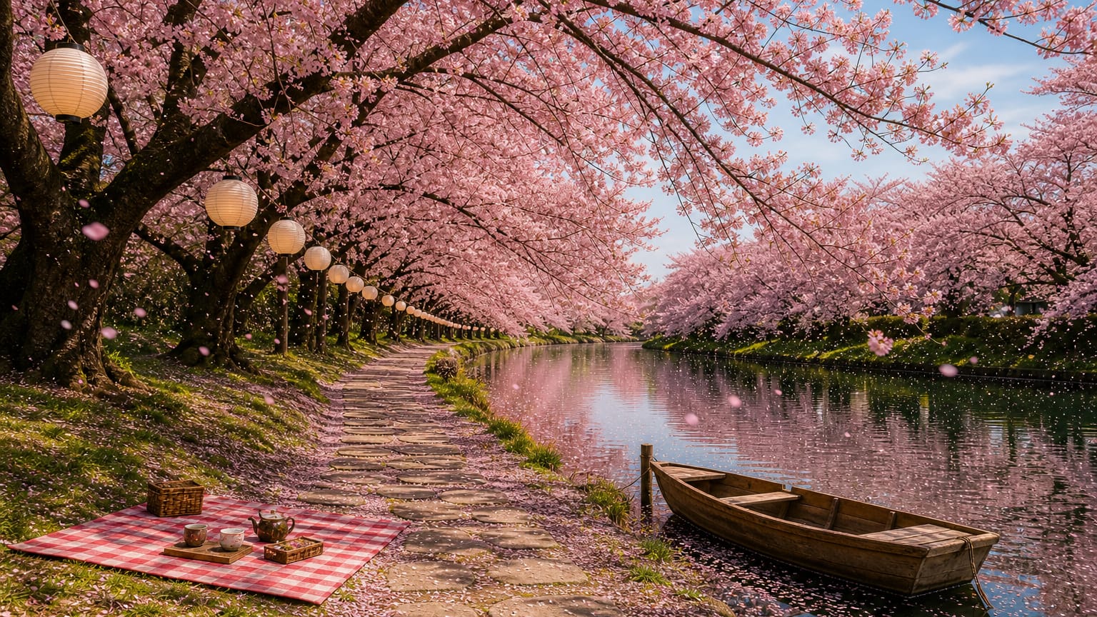 Petal-filled tunnel of full-bloom pink cherry trees over a path, hanging lanterns, a vacant picnic blanket, and a petal-strewn river.