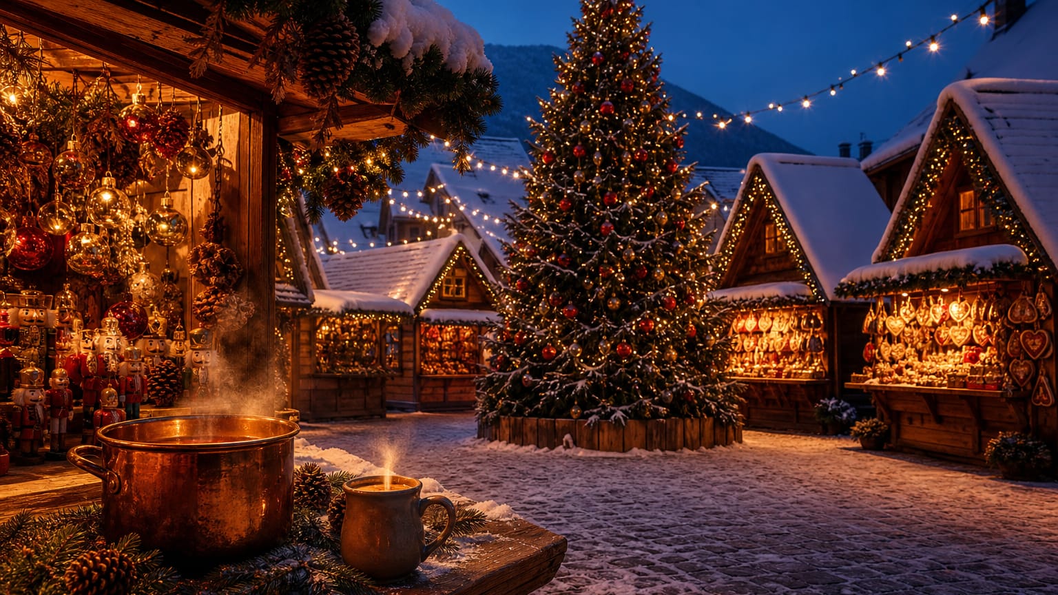 Snowy dusk square ringed by glowing timber chalet stalls of baubles and gingerbread under string lights, a lit fir at center.