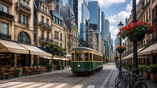 An empty city-center boulevard with a vintage tram, café terraces, and historic and glass towers rising behind.