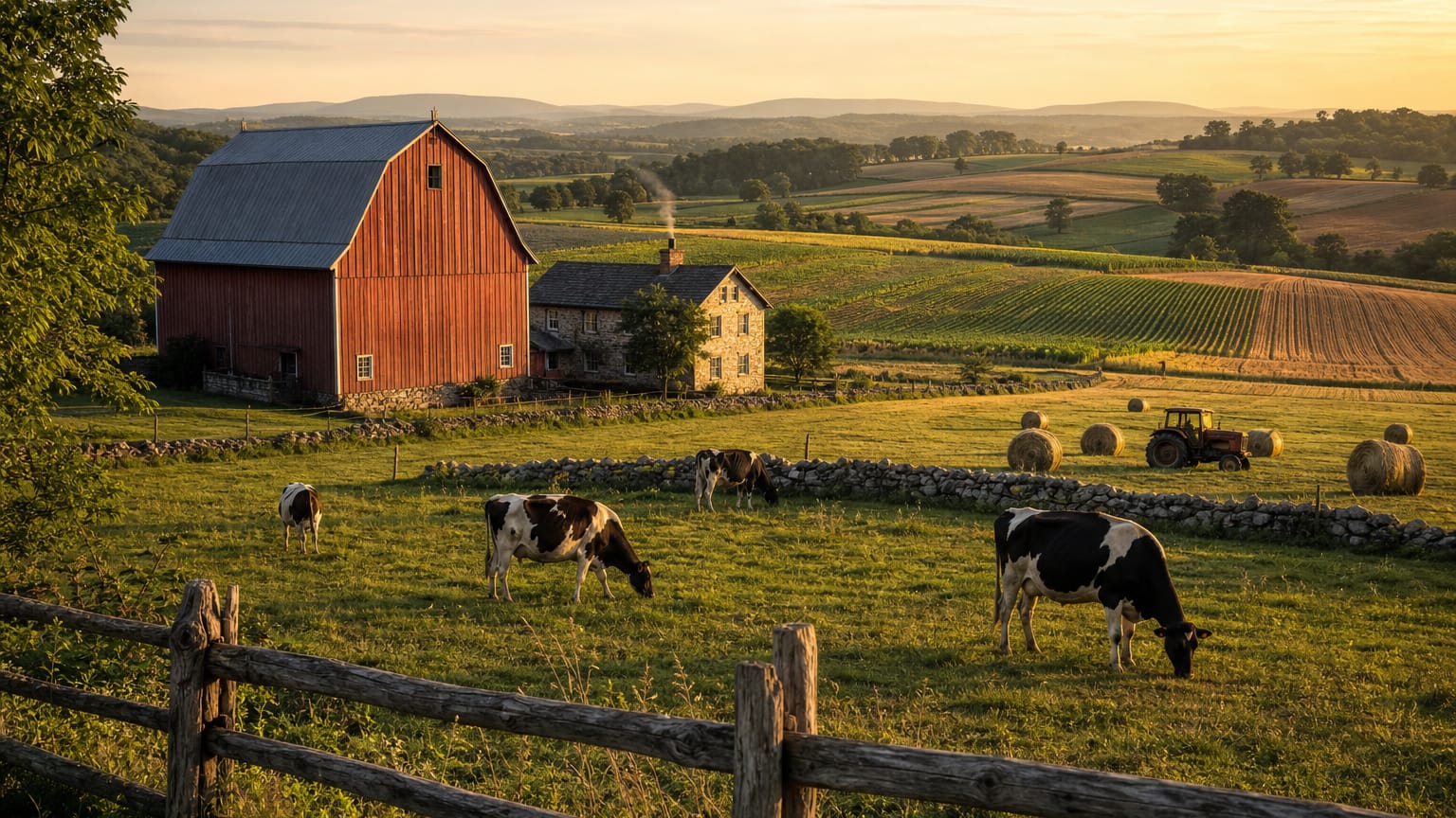 A red barn and stone farmhouse beside cultivated crop rows, round hay bales, a tractor and grazing cows at golden hour.