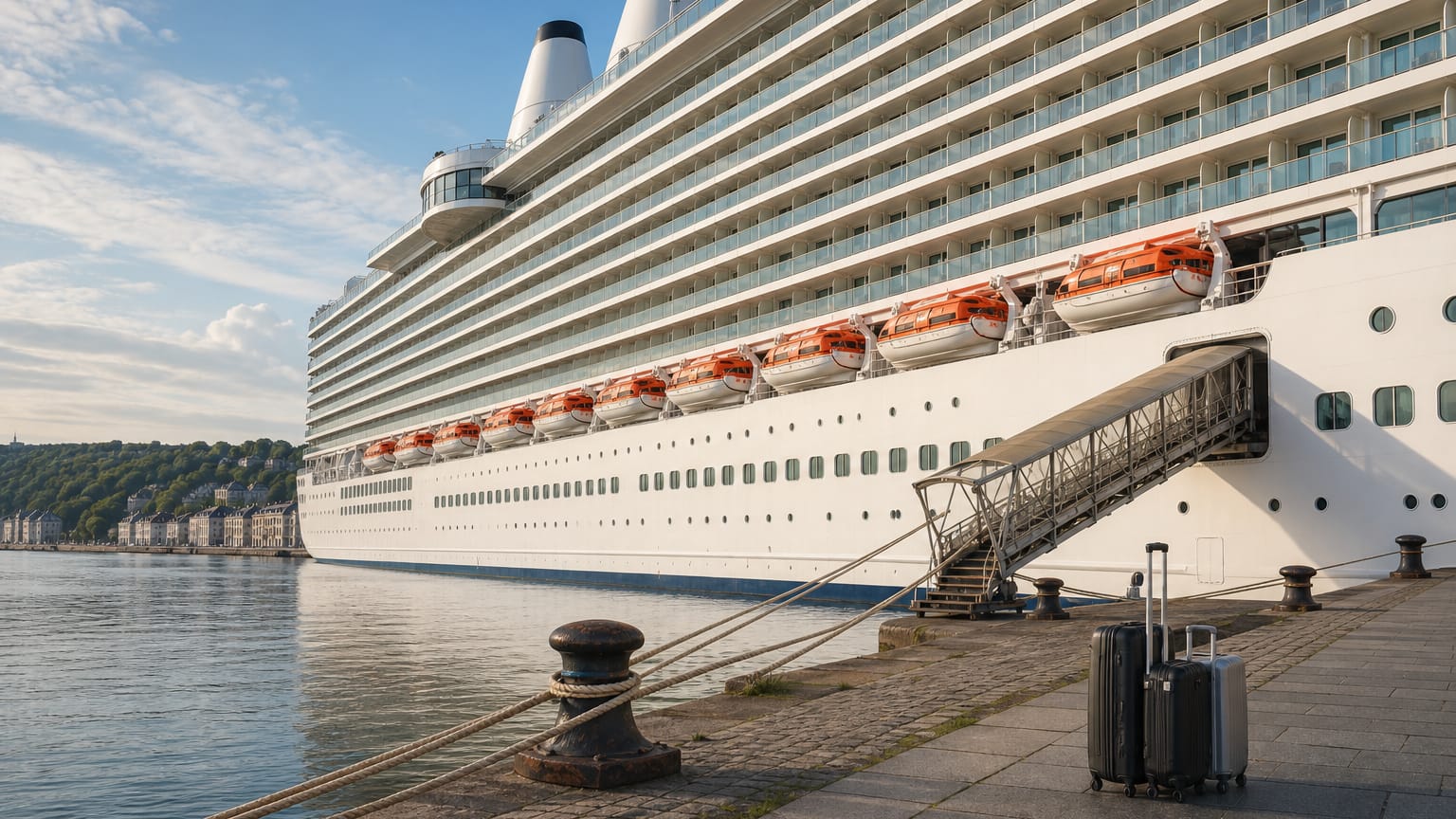 Huge white multi-deck cruise ship with orange lifeboats and a boarding gangway berthed at a stone quay on a calm waterway.