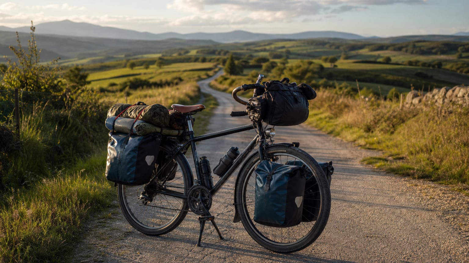 A fully loaded touring bike with bulging panniers stands by an empty country lane winding through green hills.