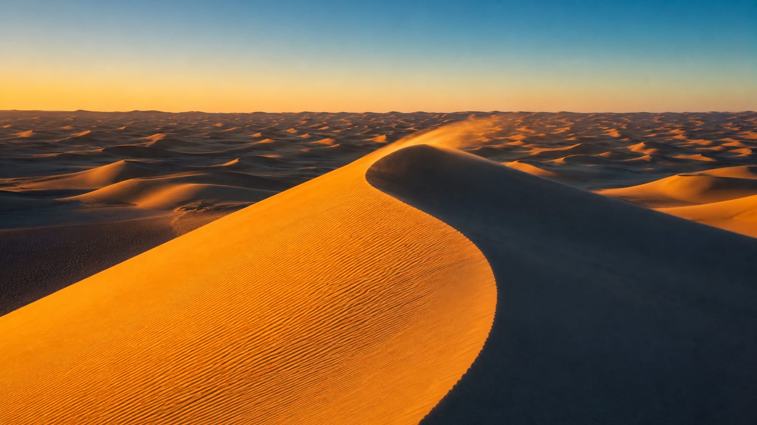 Endless rolling sand dunes with a sharp sunlit crest dividing golden and shadowed slopes under a clear sky.