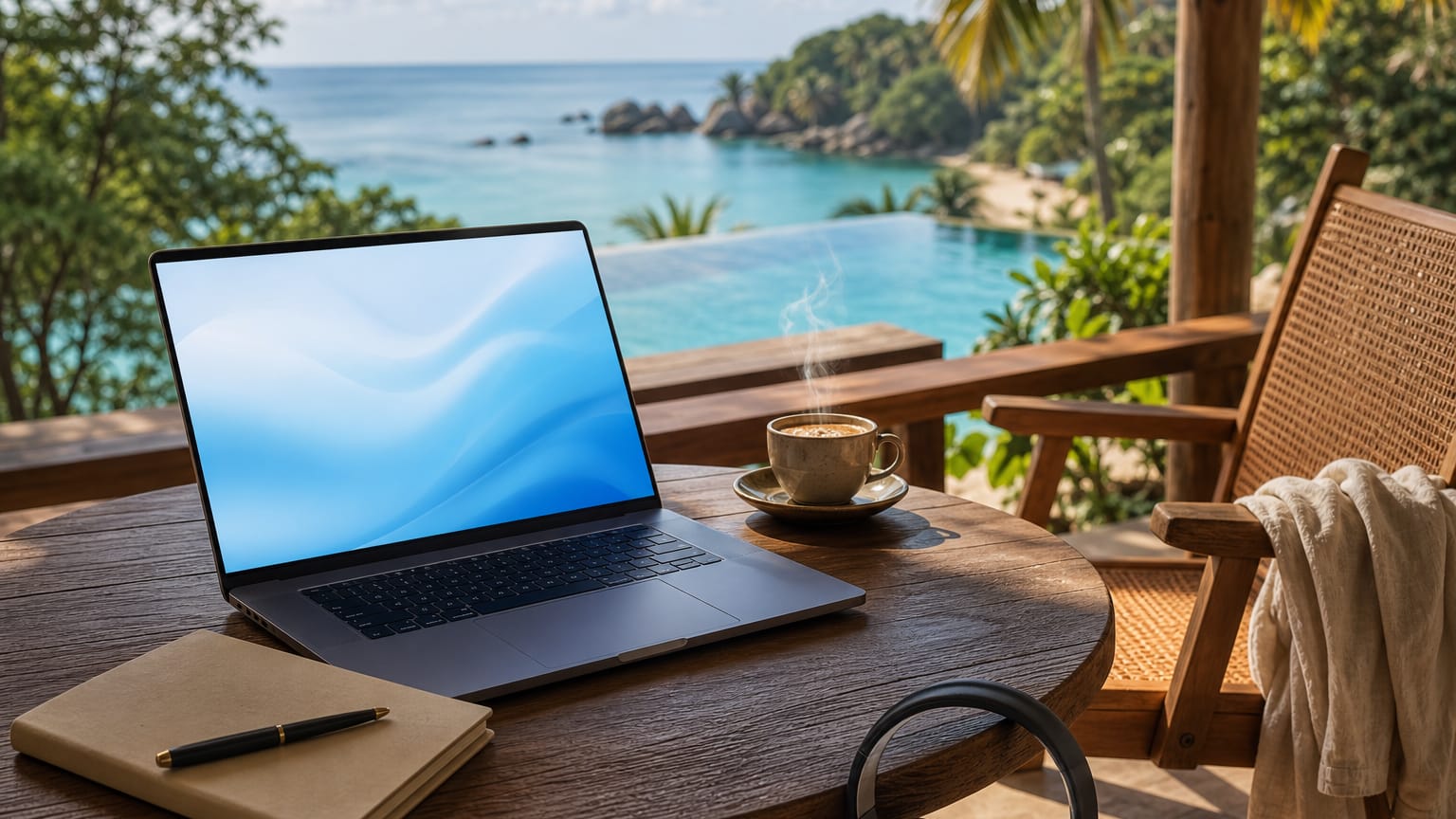 Open glowing laptop, espresso and headphones on a terrace table above a palm-fringed pool and tropical bay.