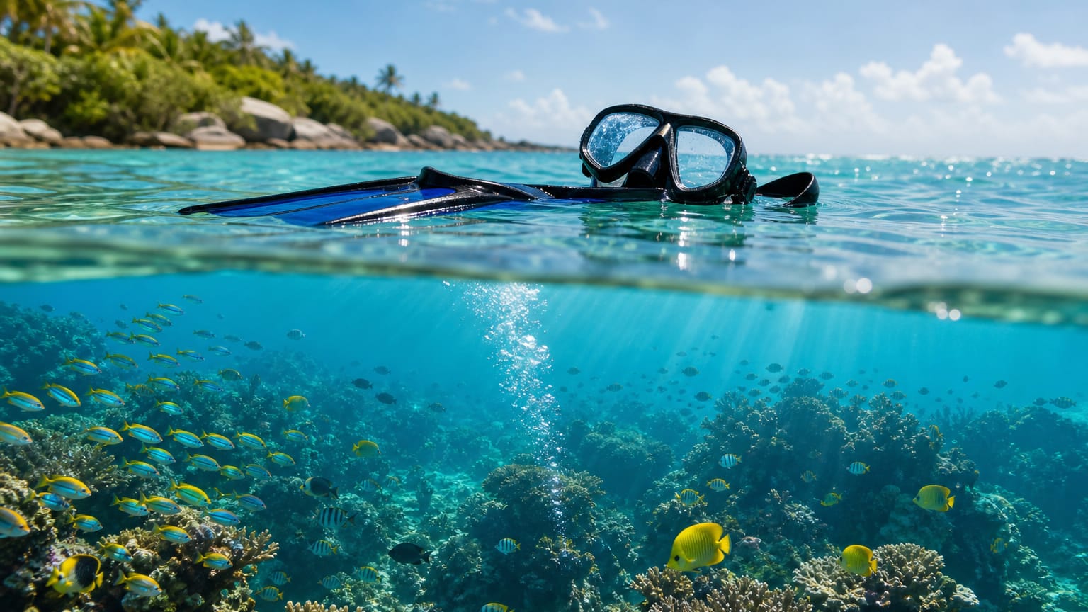 Floating snorkel mask and fins above a bright coral reef with fish and rising bubbles in clear turquoise water.