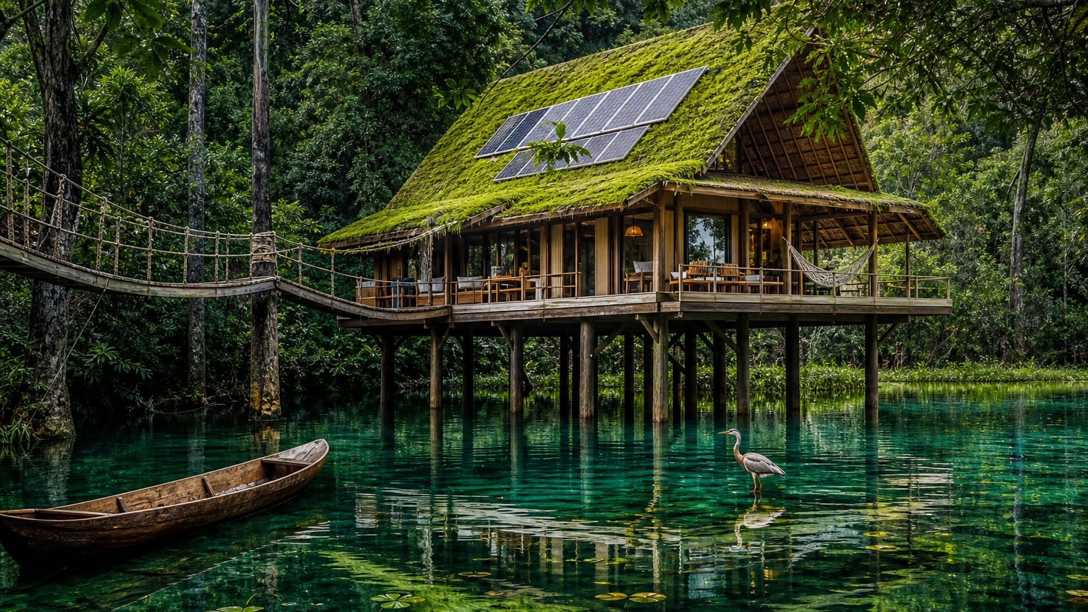 Stilted thatch eco-lodge with a moss-and-solar roof over an emerald mangrove lagoon, treetop rope walkway, kayak and wading heron.