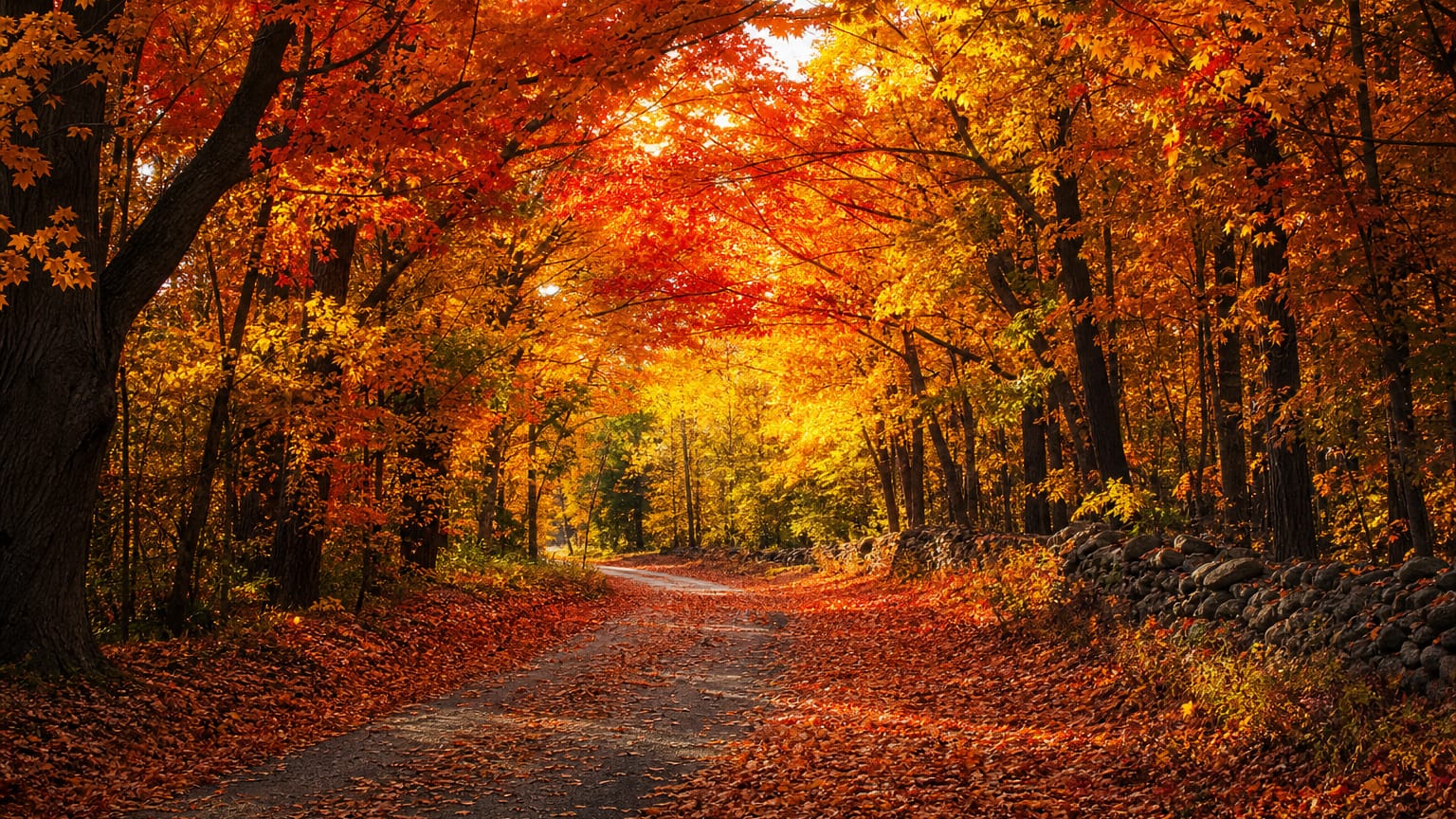 Autumn tunnel of maples and oaks, canopy blazing red, orange, and gold over a leaf-carpeted lane in golden backlight.