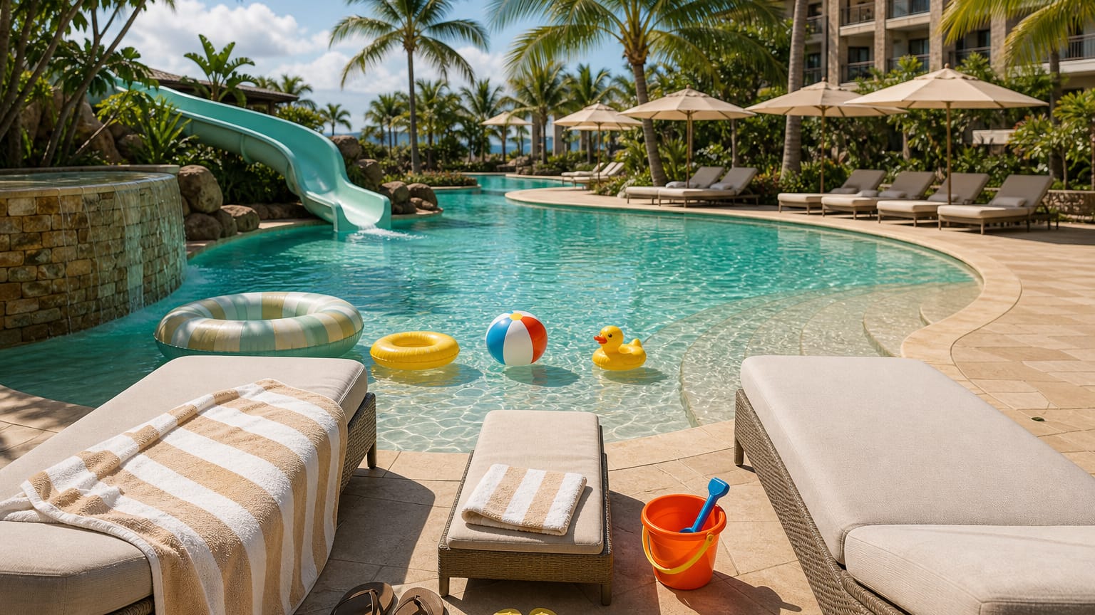 Resort pool with big and small floats, paired adult and child loungers, towels and a sandcastle bucket, no people.