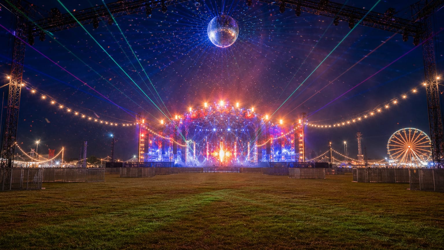 Glowing open-air festival main stage at night with sweeping lasers, spotlights, festoon lights and a Ferris wheel.