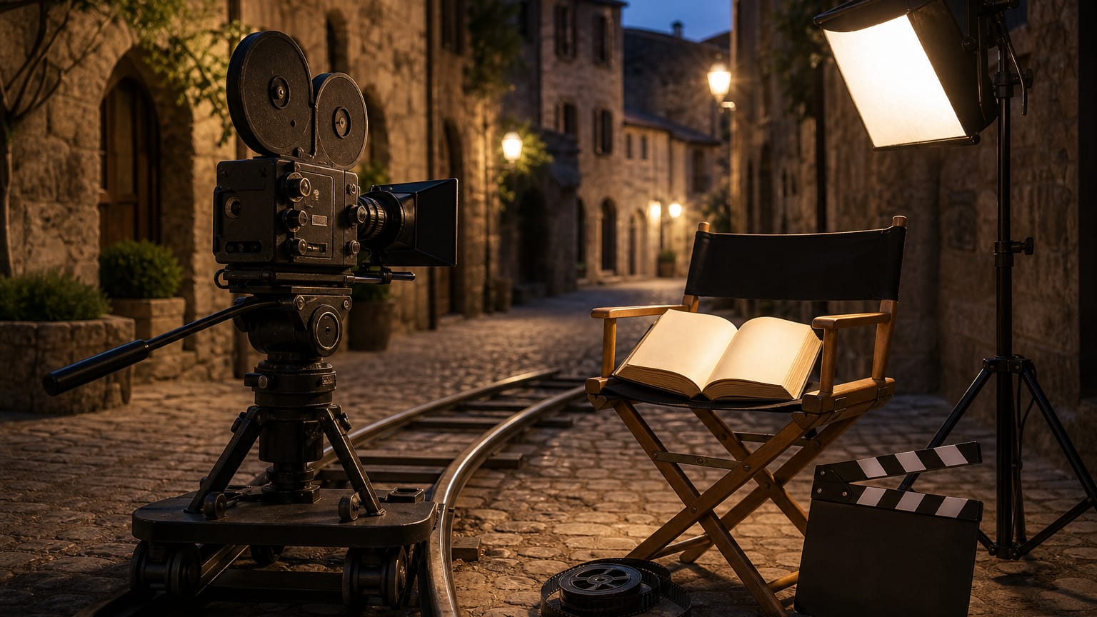 Vintage movie camera on a dolly track aimed at an open book on a director's chair, lamplit old-town lane behind at dusk.