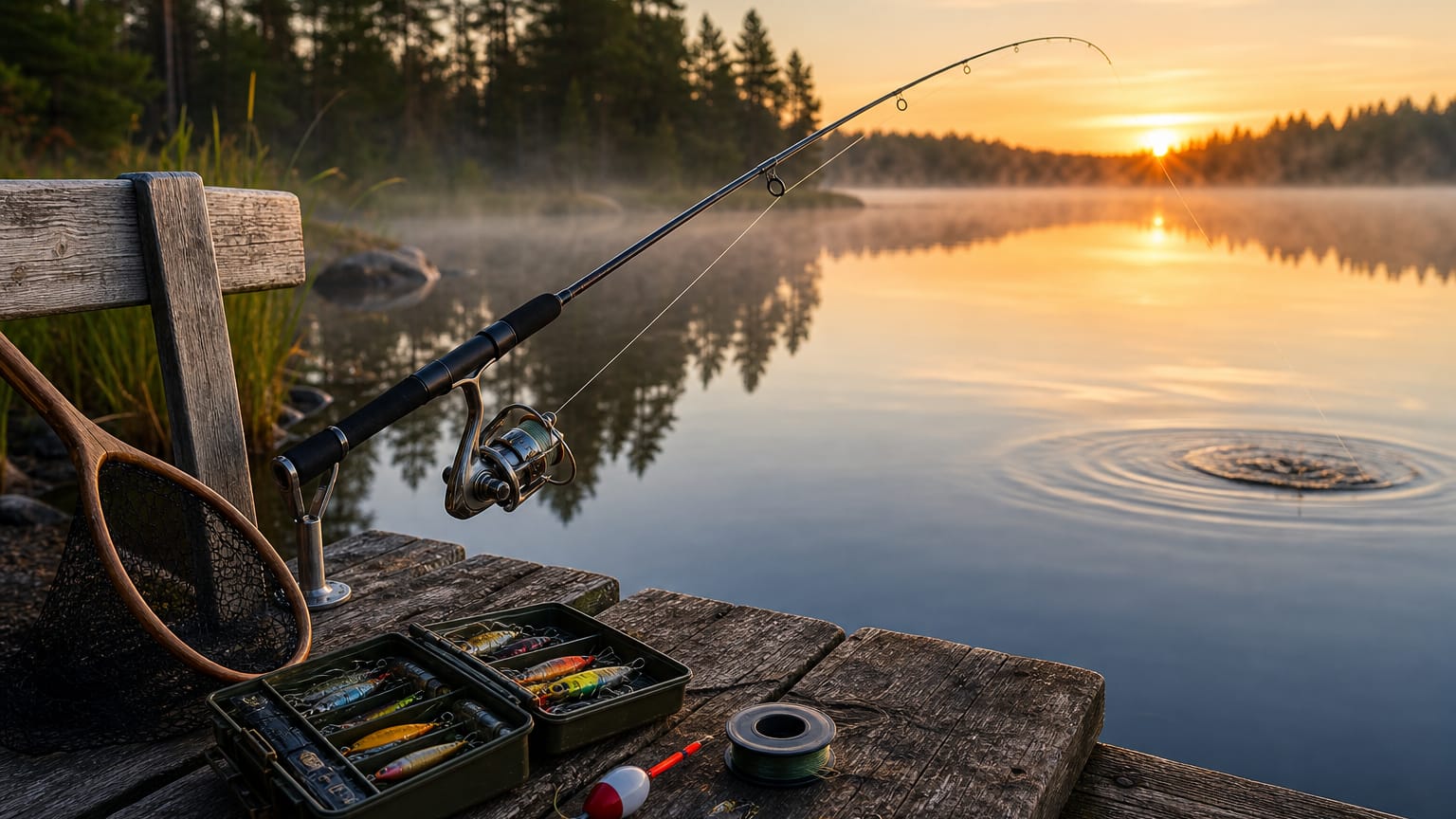 Fishing rod in a holder bent over a calm misty lake at dawn, tackle box and lures spilled on a jetty.