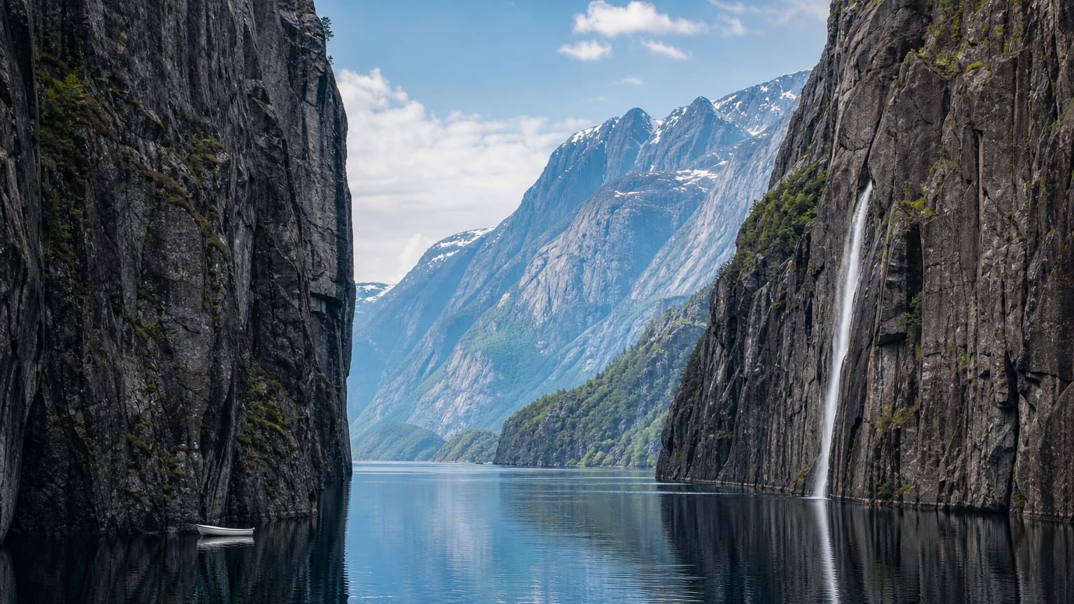 Narrow saltwater fjord of dark water between sheer grey cliffs and snow-streaked peaks, with a thin waterfall and a tiny boat.