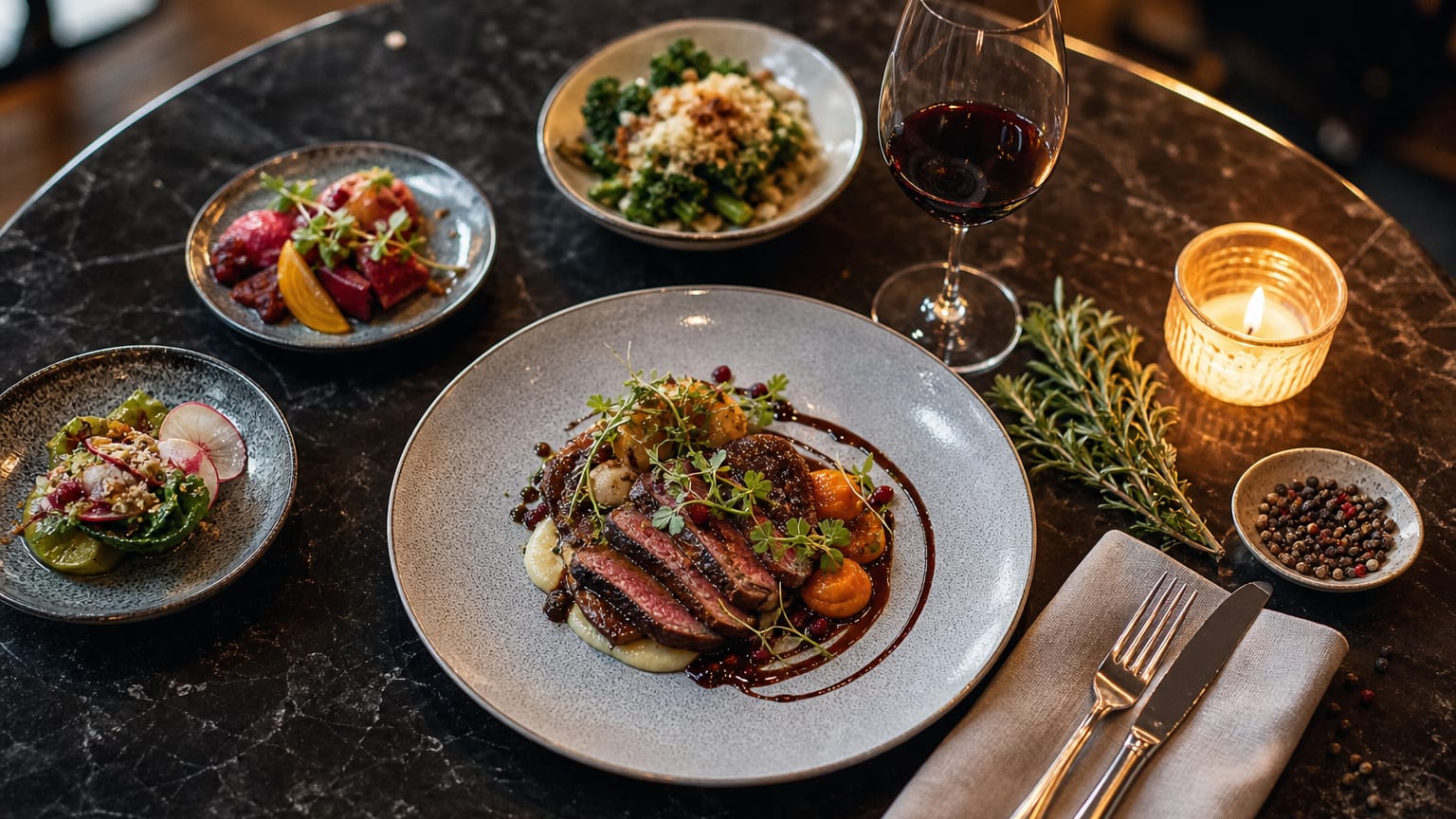Overhead bistro table mid-meal with a plated gourmet dish, tasting plates, red wine and a candle.