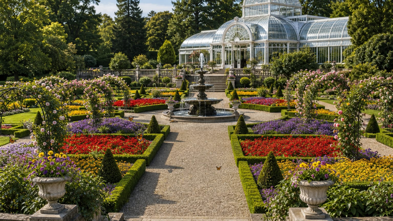 Empty formal botanical garden: clipped hedges, massed flower beds, a central tiered fountain, and a glasshouse conservatory.
