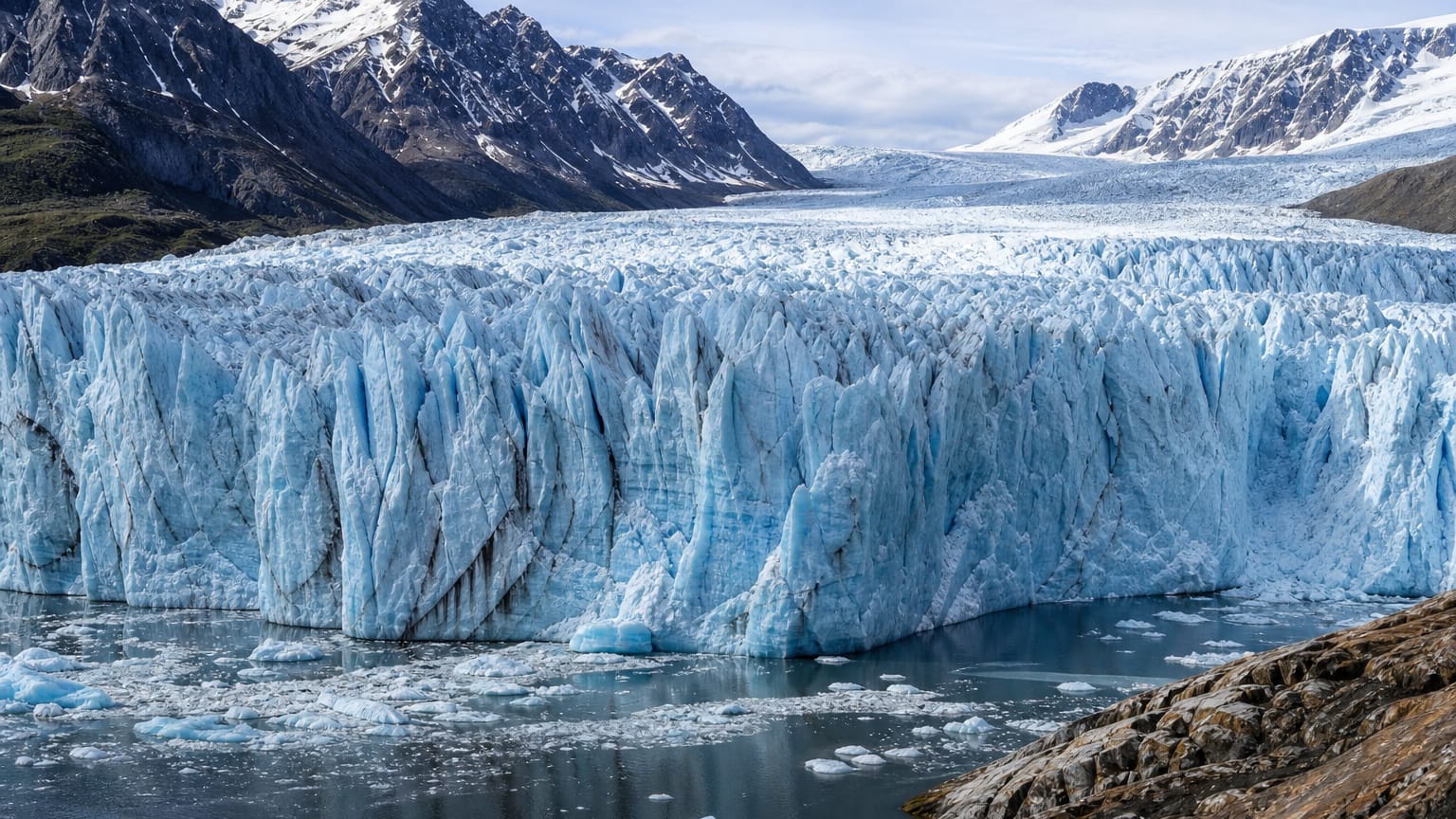 A vast blue-white glacier of crevassed ice calving into a still fjord of floating icebergs below snowy ridges.