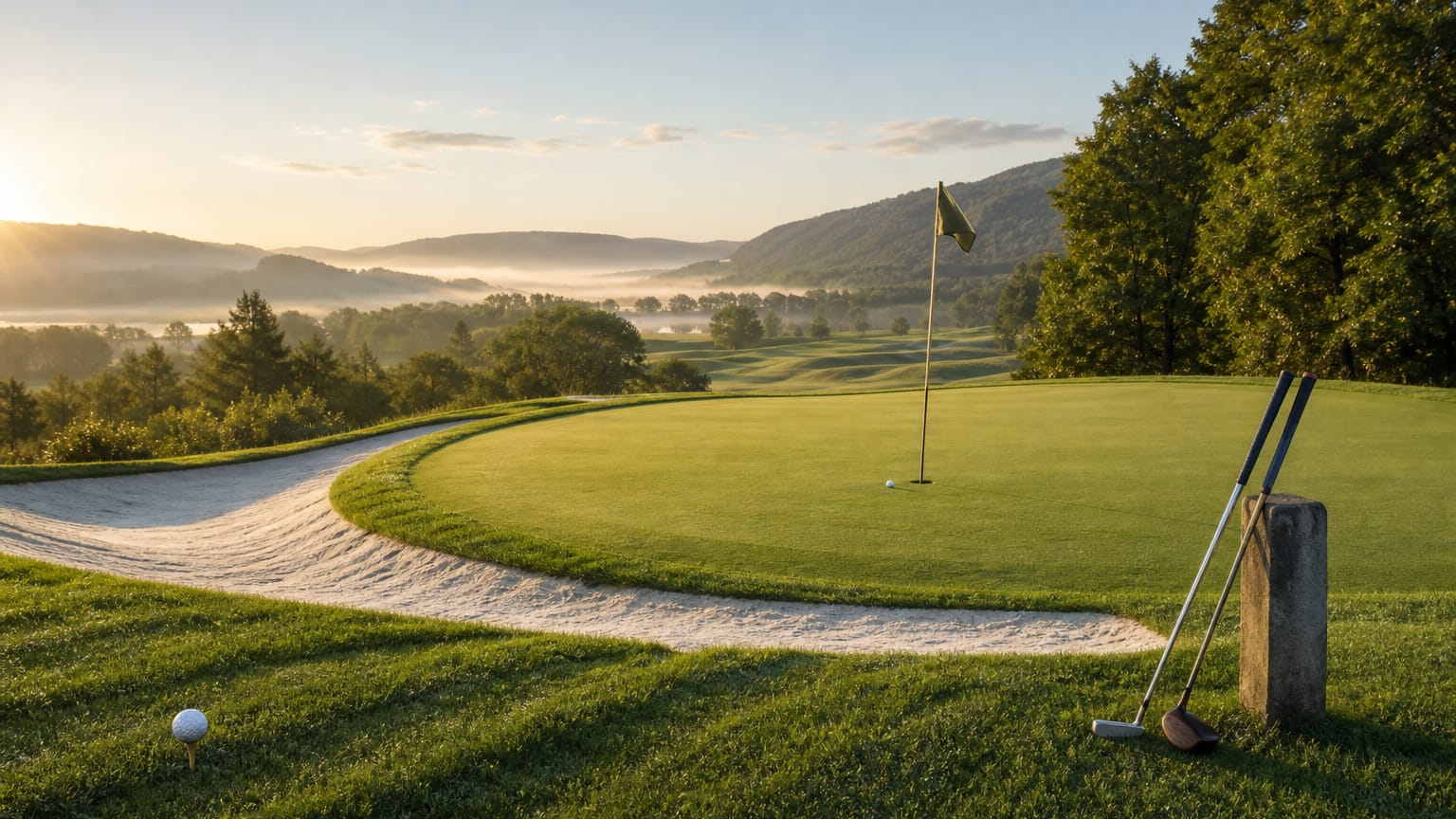 A golf ball beside the cup and leaning flagstick on a striped putting green, clubs resting nearby, sand bunker and rolling course behind.