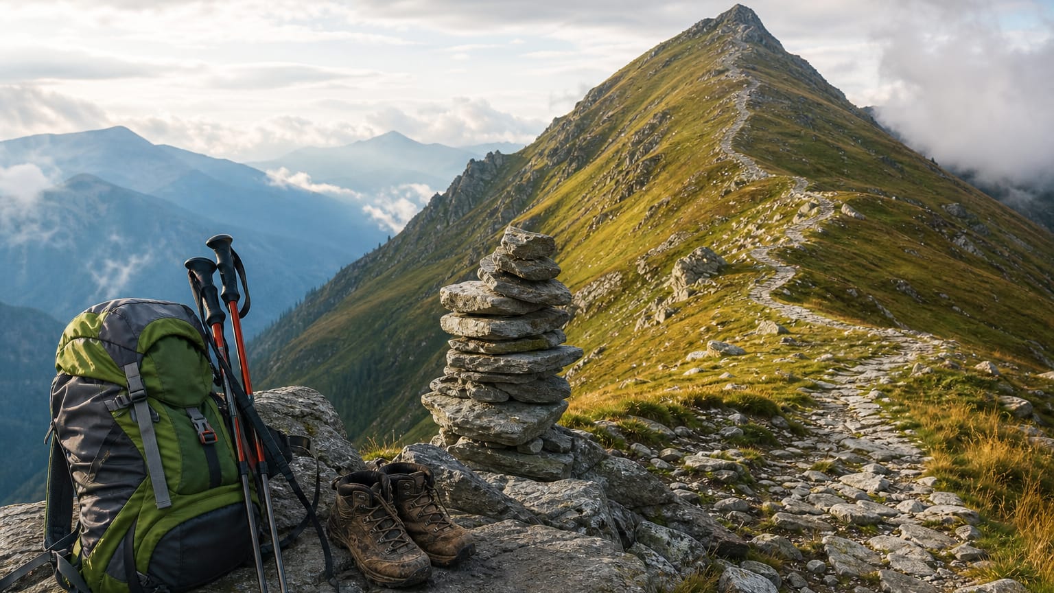 Hiking backpack, trekking poles and boots by a stone cairn beside a switchback trail climbing a mountain ridge.