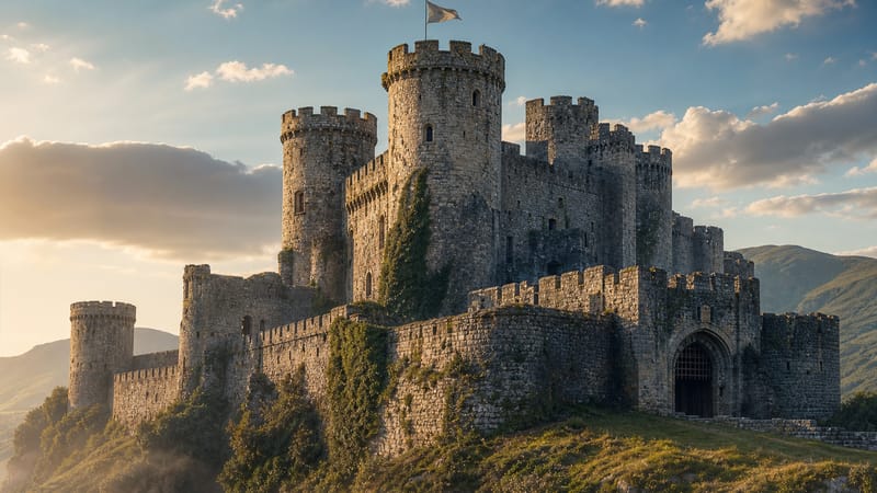 Weathered medieval stone castle with crenellated towers, ramparts and portcullis on a steep grassy hill in golden light.
