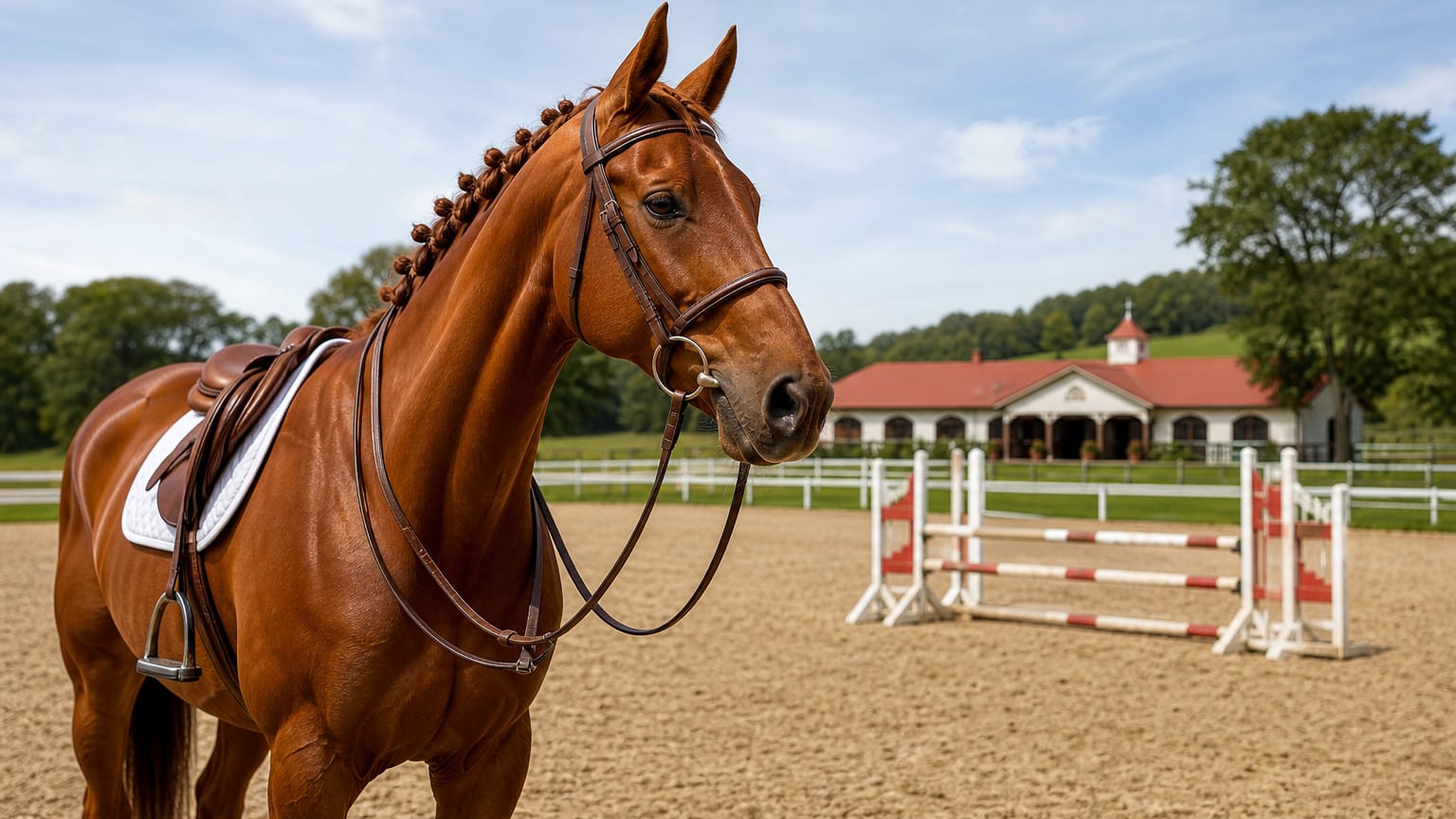 Saddled, bridled chestnut horse on a sand arena with white show jumps, paddock rails and a red-roofed stable behind.