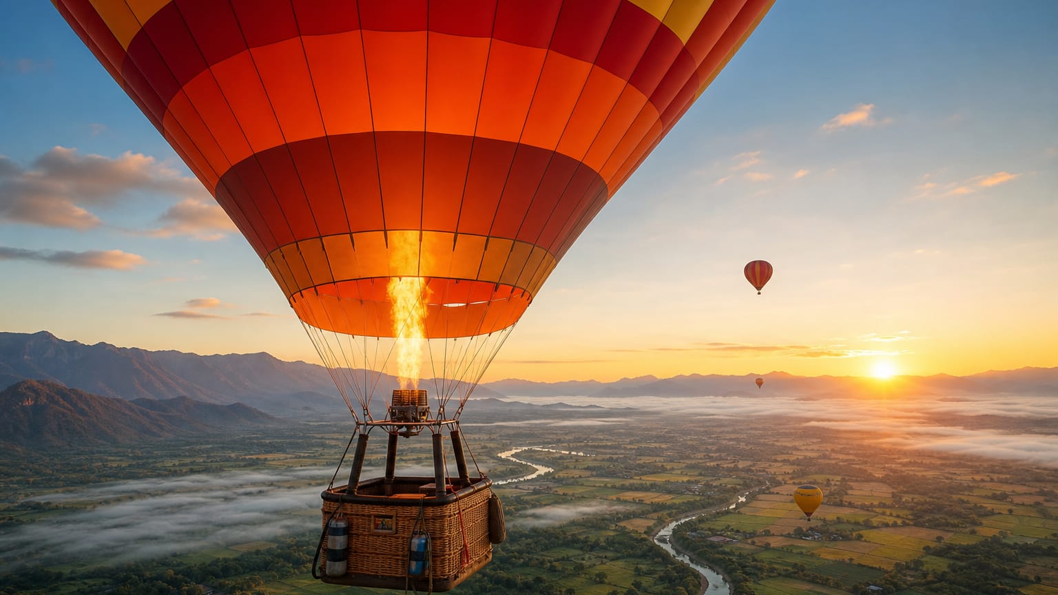 Striped hot-air balloon firing its burner over an empty wicker basket at first light, smaller balloons above patchwork fields below.