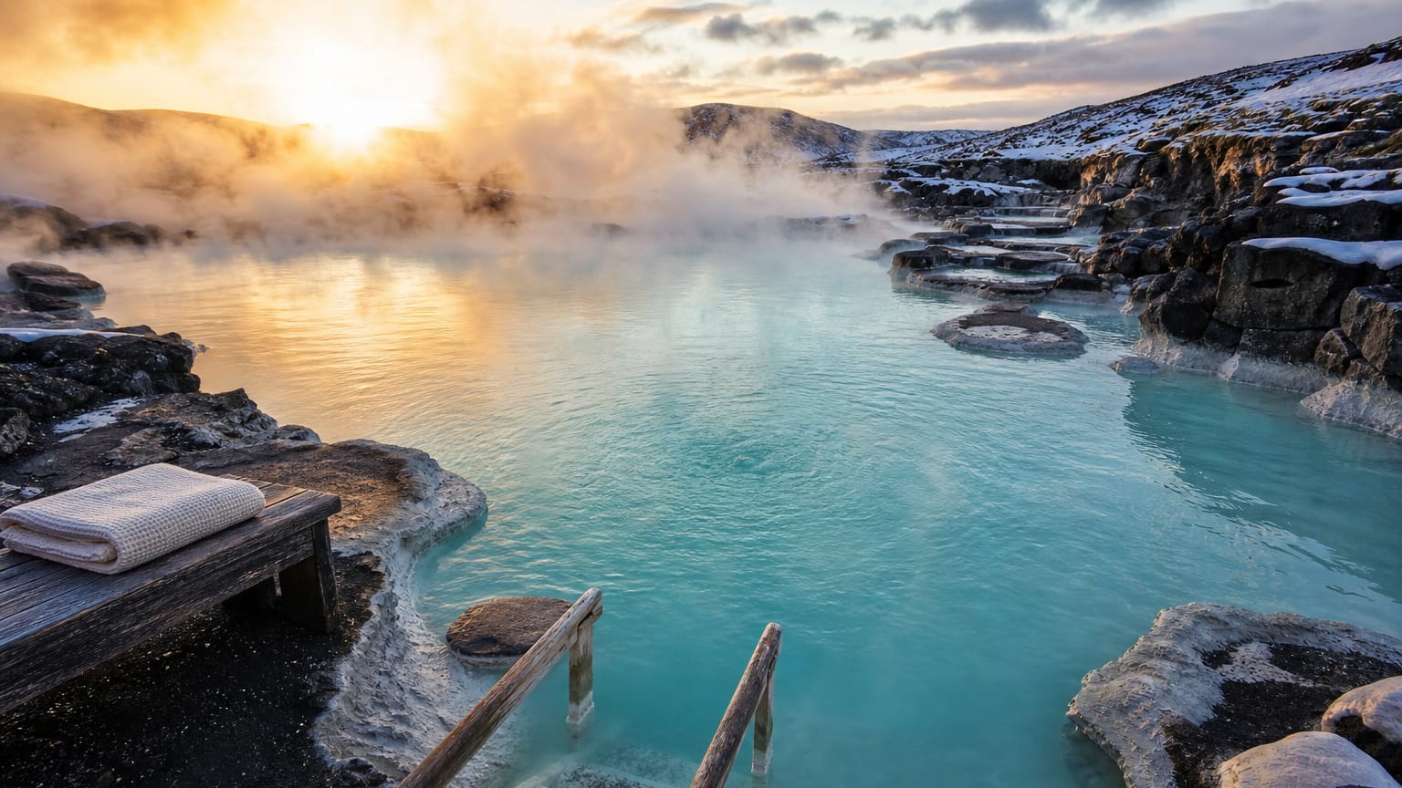 Steaming turquoise geothermal soaking pool ringed by dark volcanic rock, mineral crust and snow, with a wooden ladder.