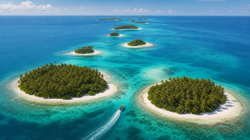 Small wooden boat trailing a wake between scattered palm-topped islands ringed by turquoise lagoons receding to the horizon.