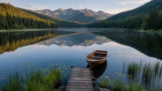 Still freshwater lake mirroring pine hills, with reeds, lily pads, a wooden jetty and a moored rowing boat.