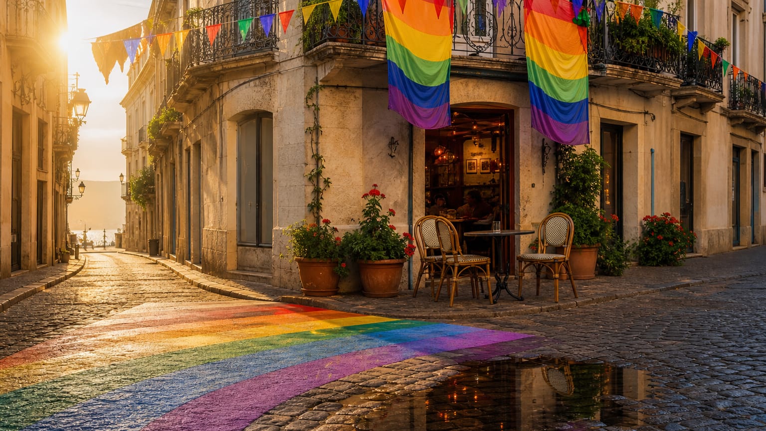 Rainbow-painted crosswalk and pride flags on balconies above empty cafe chairs on a sunlit cobblestone corner.