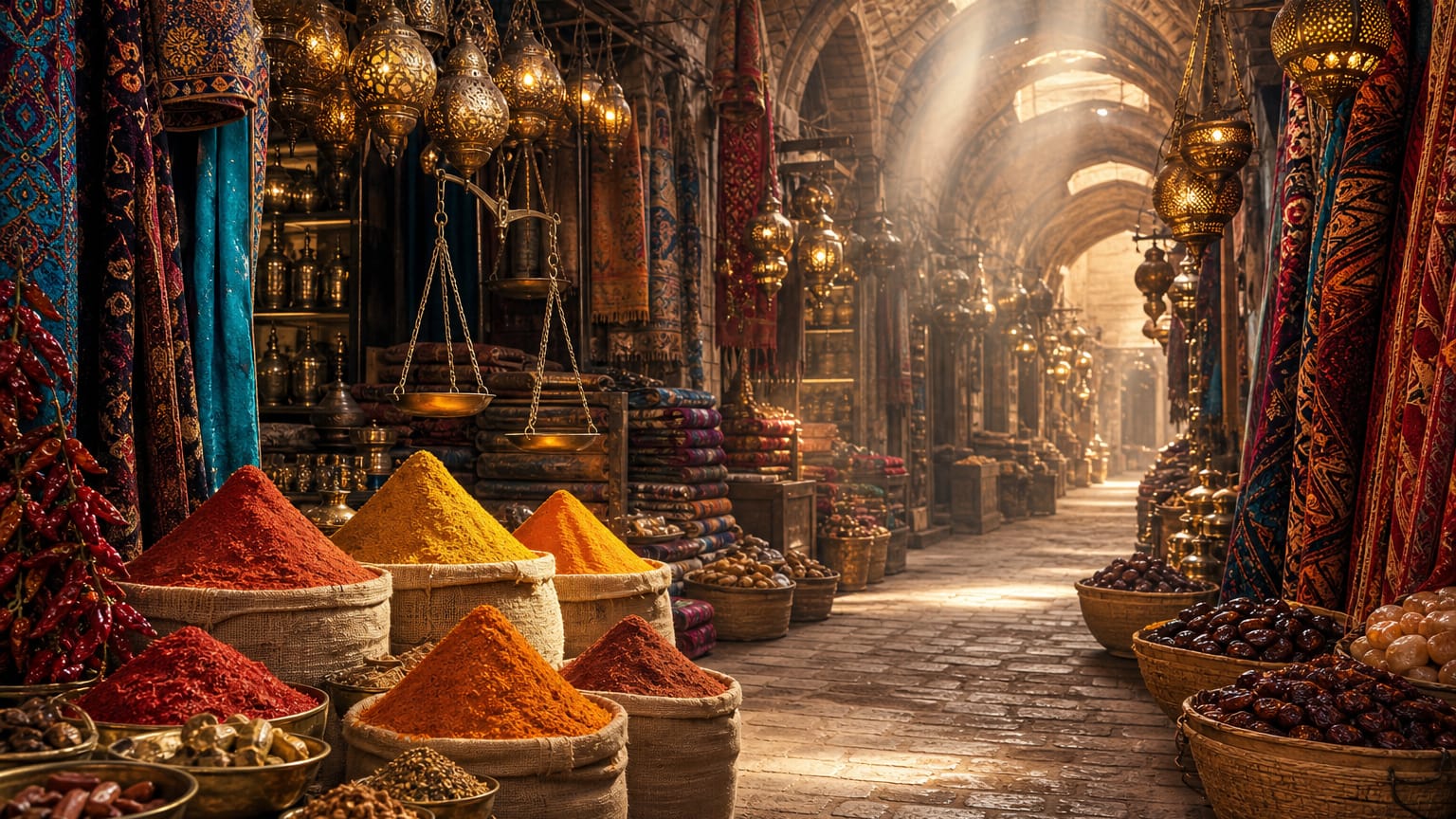 Empty covered bazaar alley with spice-powder pyramids, hanging brass lanterns, and draped patterned textiles under an arched roof.