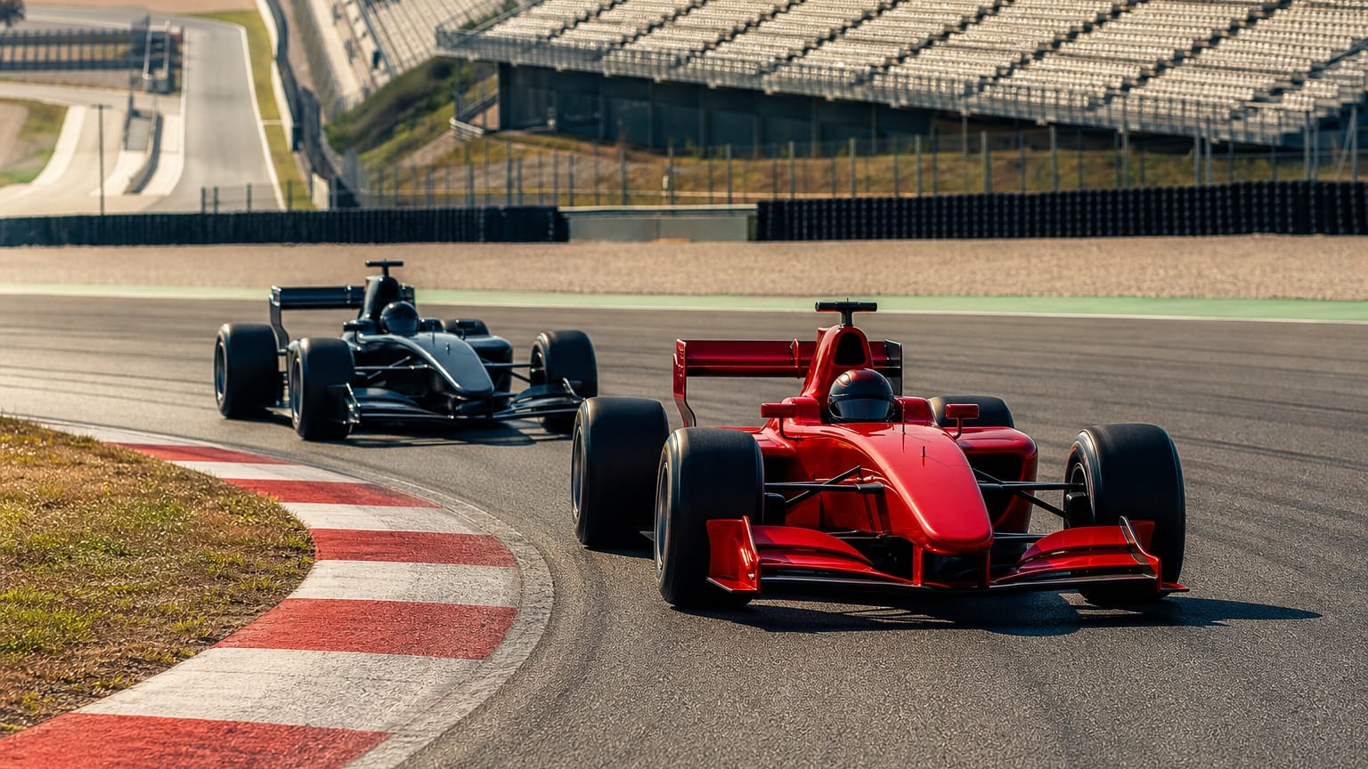Two sleek modern formula racing cars sweeping through a sunlit circuit corner with red-and-white kerbing and grandstands beyond.