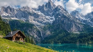 Jagged snow-capped peaks above a wildflower alpine meadow, a small timber chalet, and a turquoise glacial lake mirroring the summits.