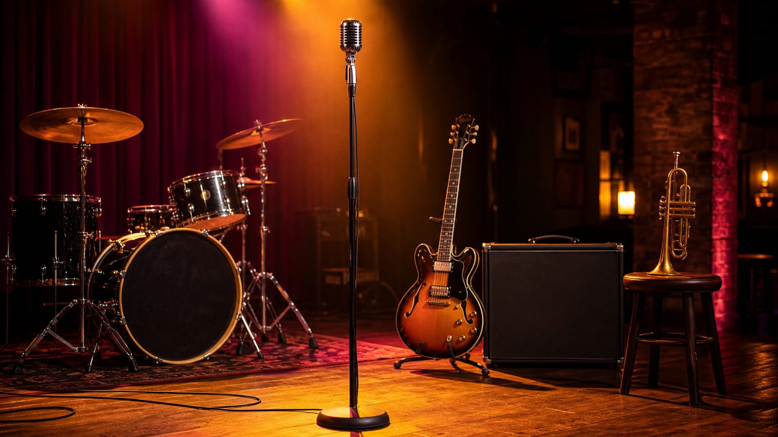 A warmly lit empty live-music stage with a vintage microphone, drum kit, electric guitar, trumpet and amplifier.