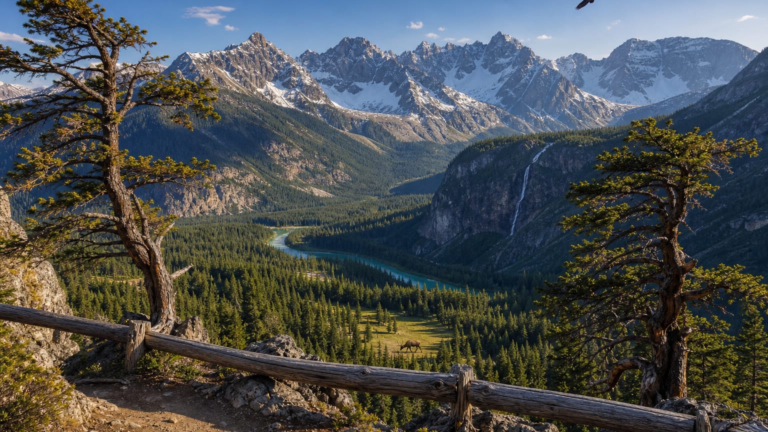 Overlook with rustic timber rail above a forested valley, winding river, lone elk, waterfall, and snow-dusted peaks.