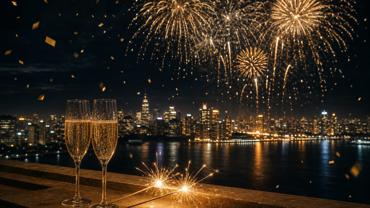 Gold fireworks over a night city skyline with two champagne flutes and lit sparklers on a balcony rail.